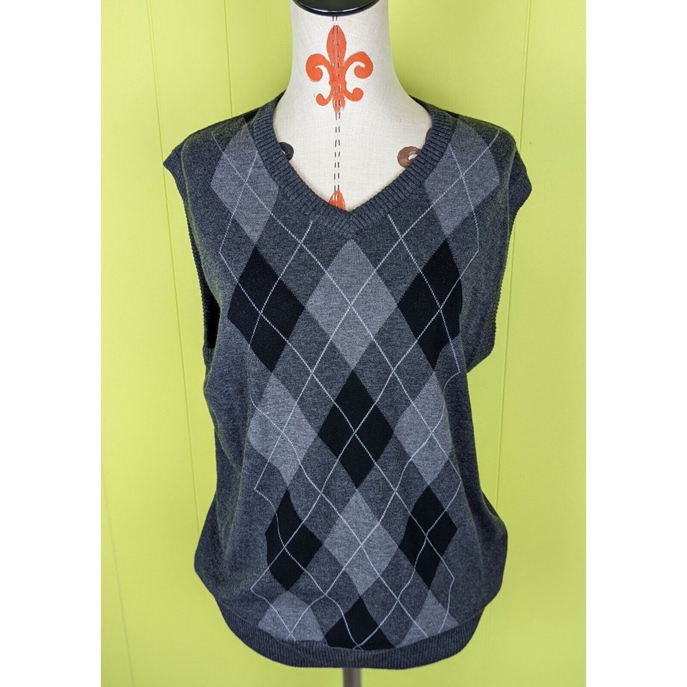 Haggar Mens L Gray Black Argyle V-Neck Golf Pullover Sweater Vest Cotton Acrylic